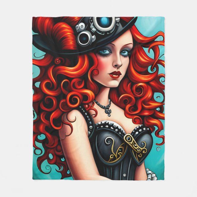 Red Haired Streampunk Woman Fleece Blanket (Front)