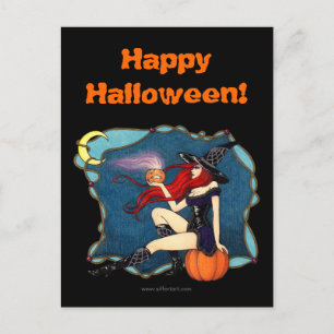 Red-haired Witch Halloween Postcard