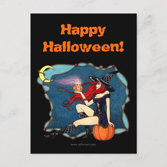 Red-haired Witch Halloween Postcard (Front)
