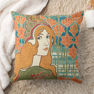Red Haired Woman Orange Lilies Vintage Art Print Throw Pillow