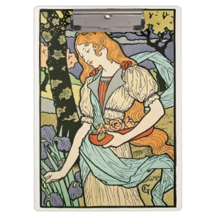 Red Haired Woman Picking Flowers Art Nouveau Clipboard