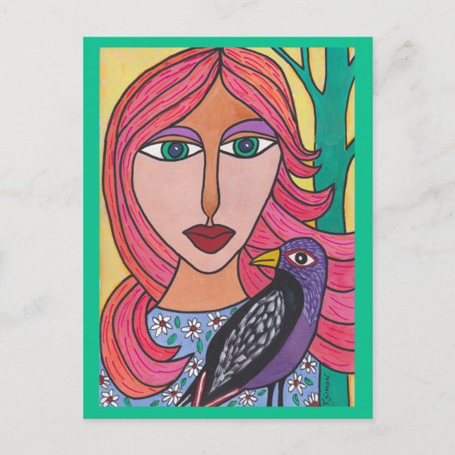 Red Haired Woman with Bird Postcard (Front)