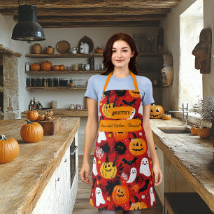 Red Halloween with Pumpkins, Ghosts, and Bats  Apron