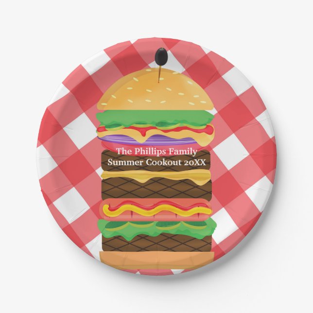 Red Hamburger Summer Cookout Barbecue Party Custom Paper Plate (Front)