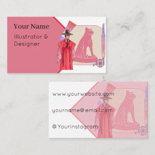 Red Hanbok Man & Minimalist Dog Art Business Card