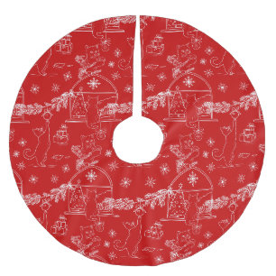 Red Hand drawn cats & Christmas tree  Brushed Polyester Tree Skirt