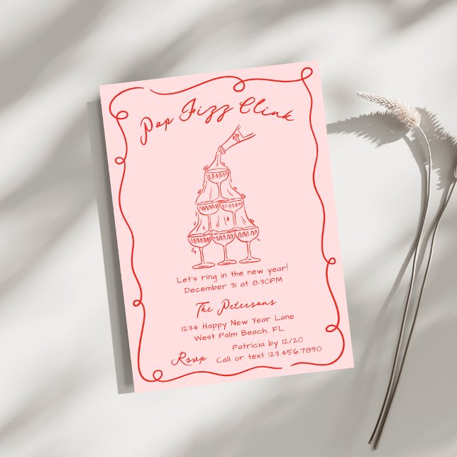 Red Hand Drawn Champagne Tower New Years Eve Party Invitation (Creator Uploaded)