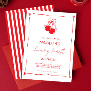 Red Hand Drawn Cherry First 1st Birthday Invitation