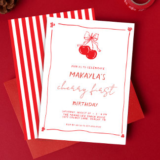 Red Hand Drawn Cherry First 1st Birthday Invitation
