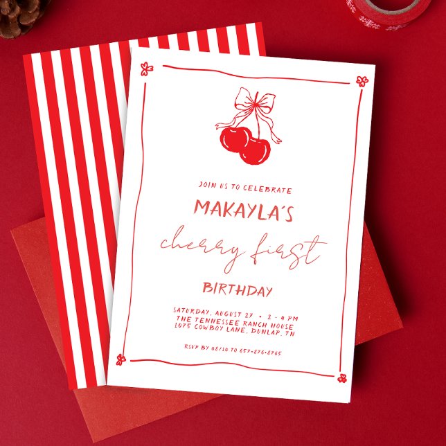 Red Hand Drawn Cherry First 1st Birthday Invitation (Creator Uploaded)