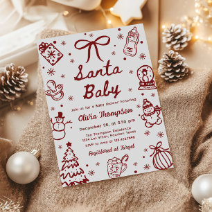 Red Hand Drawn Christmas Santa Baby Shower Invitation