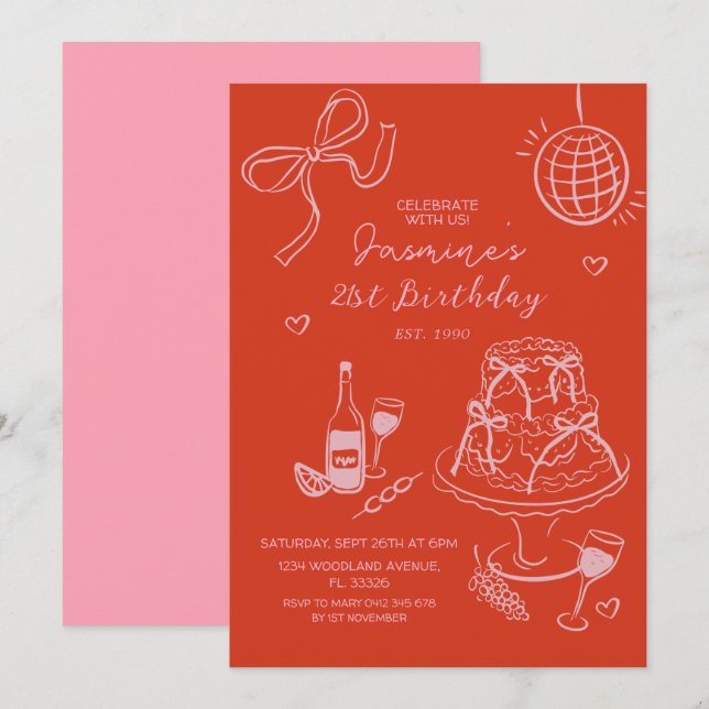 Red Hand Drawn Cute Pink Birthday  Invitation (Front/Back)