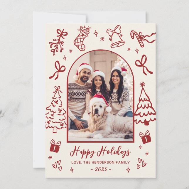 Red Hand-Drawn Doodle Arch Photo Christmas Happy Holiday Card (Front)