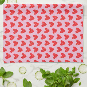 Red Hand-Drawn Doodle Hearts Pattern on Pastel Pin Kitchen Towel