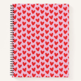 Red Hand-Drawn Doodle Hearts Pattern on Pastel Pin Notebook