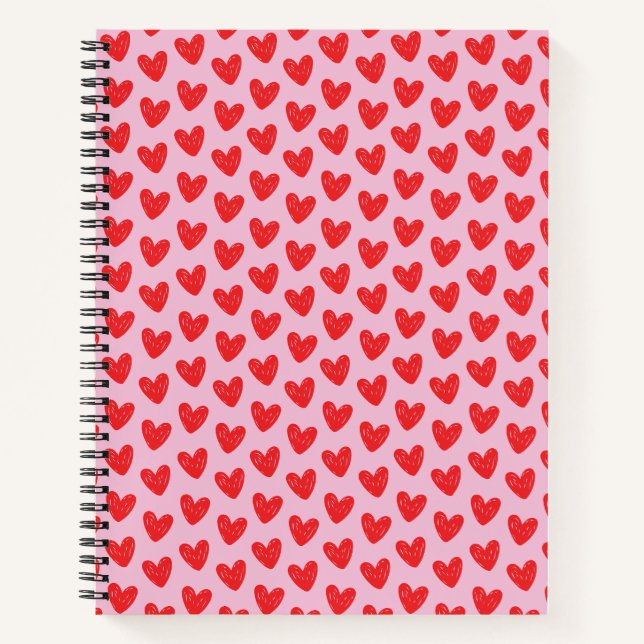 Red Hand-Drawn Doodle Hearts Pattern on Pastel Pin Notebook (Front)