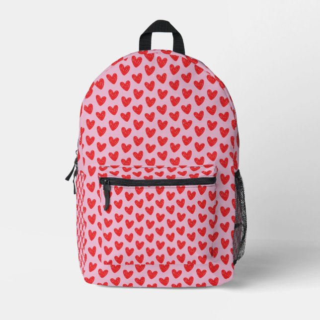 Red Hand-Drawn Doodle Hearts Pattern on Pastel Pin Printed Backpack (Front)