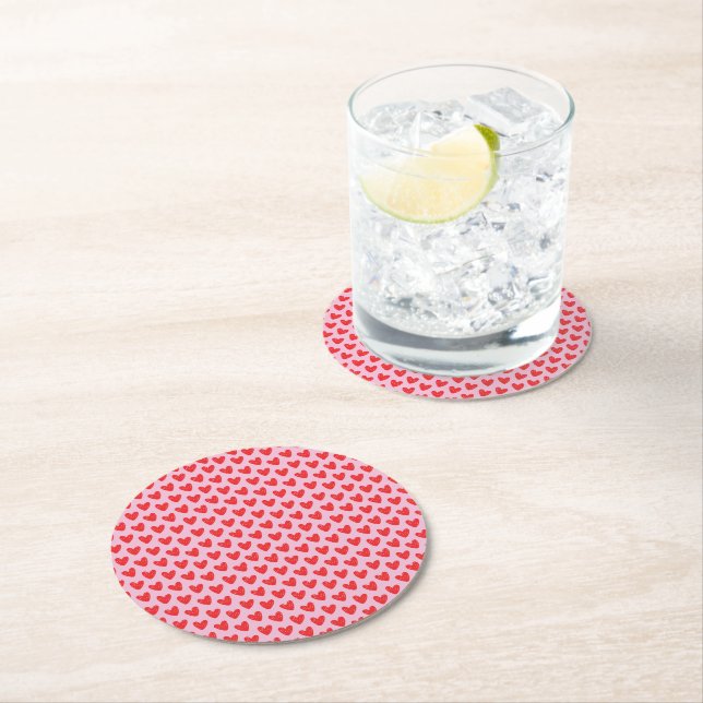 Red Hand-Drawn Doodle Hearts Pattern on Pastel Pin Round Paper Coaster (Insitu)