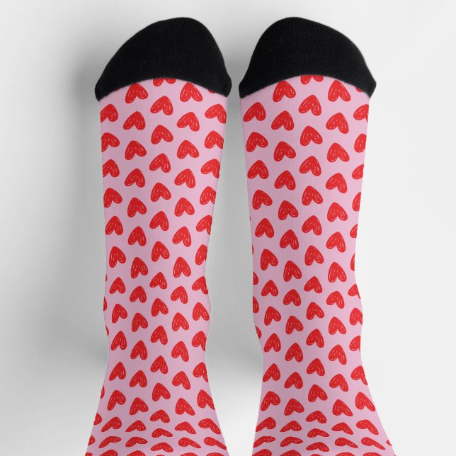 Red Hand-Drawn Doodle Hearts Pattern on Pastel Pin Socks (Top)