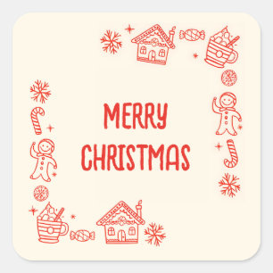 Red Hand Drawn Doodle Whimsical Merry Christmas Square Sticker