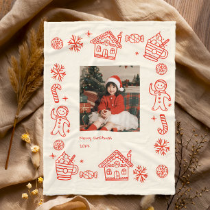 Red Hand Drawn Doodle Whimsical Photo Christmas Fleece Blanket