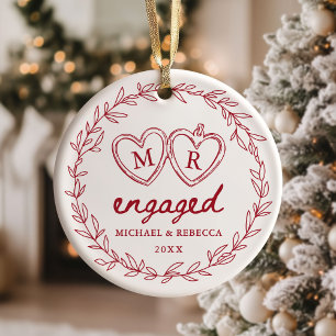 Red Hand Drawn Engaged Christmas Ceramic Ornament
