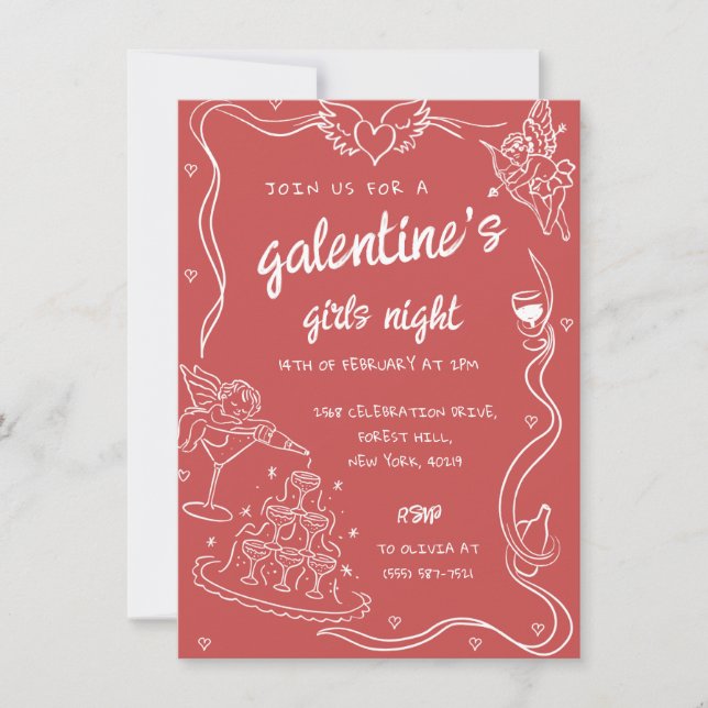 Red Hand Drawn Galentine's Girls Night Party Invitation (Front)