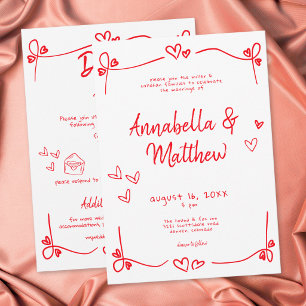 Red Hand Drawn Heart Whimsical Modern Wedding  Invitation