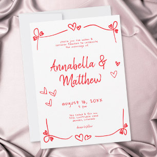 Red Hand Drawn Heart Whimsical Modern Wedding  Invitation
