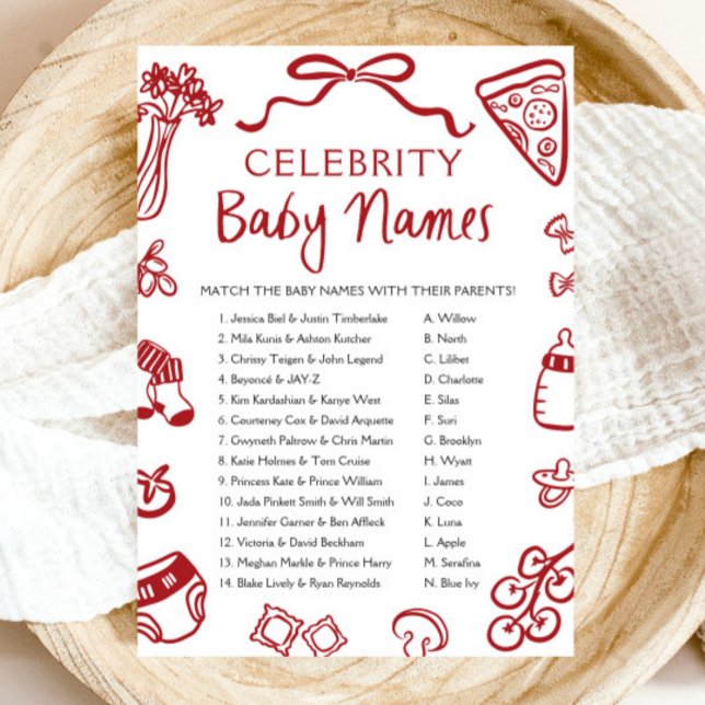 Red Hand Drawn Italian Celebrity Baby Name Game Invitation (Red Hand Drawn Italian Celebrity Baby Name Game)