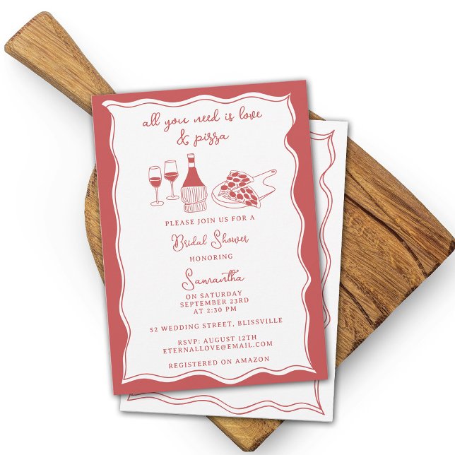 Red Hand Drawn Italian Pizza Wine Bridal Shower Invitation (Red Hand Drawn Italian Pizza Wine Bridal Shower Invitation)