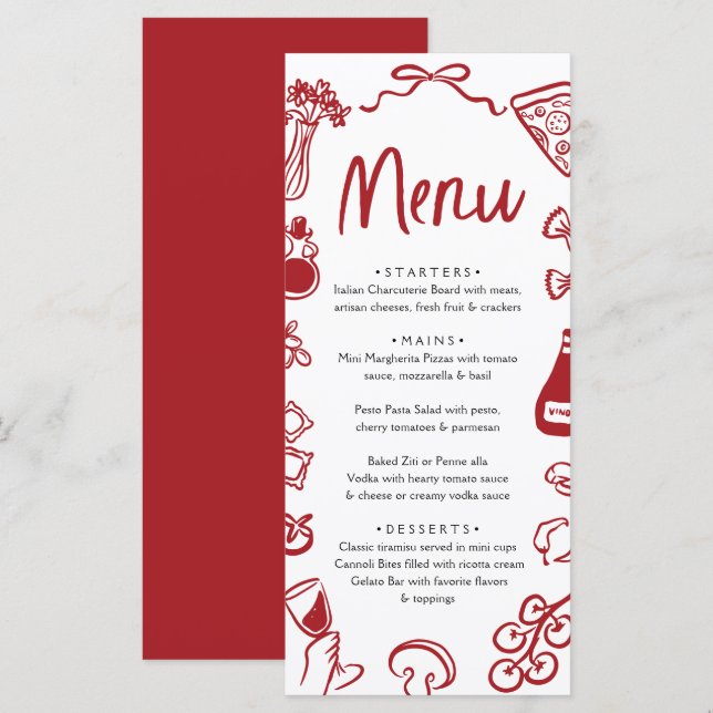 Red Hand Drawn Italian Whimsical Pizza Pasta Wine Menu (Front/Back)