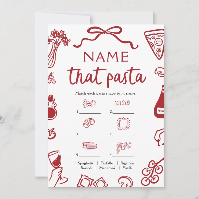 Red Hand Drawn Name That Pasta Bridal Shower Game Invitation (Front)