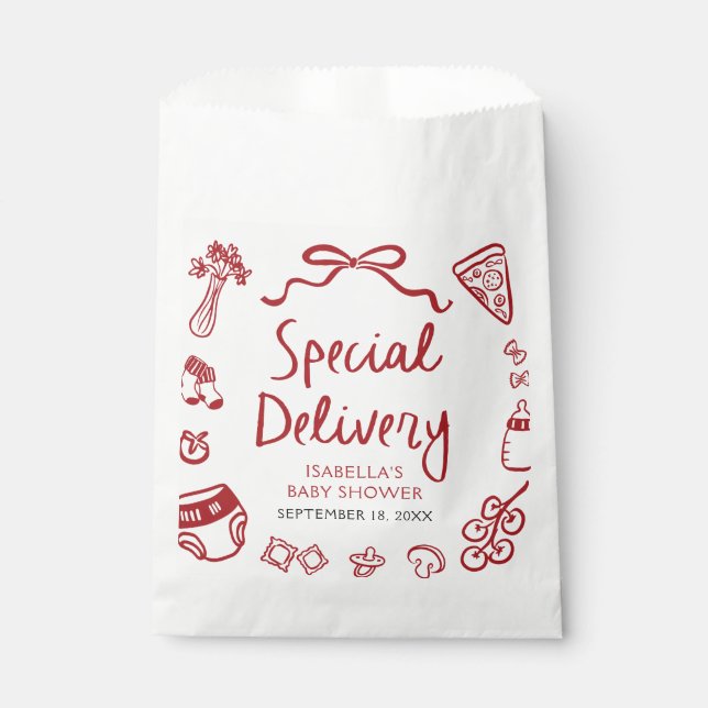 Red Hand Drawn Pizza Special Delivery Baby Shower Favour Bag (Front)