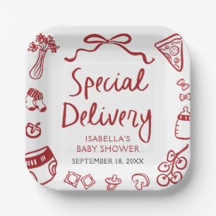 Red Hand Drawn Pizza Special Delivery Baby Shower Paper Plate