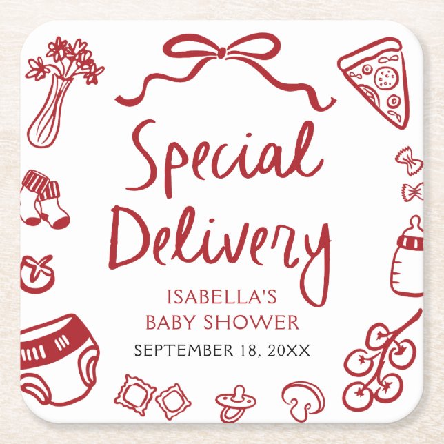 Red Hand Drawn Pizza Special Delivery Baby Shower Square Paper Coaster (Front)