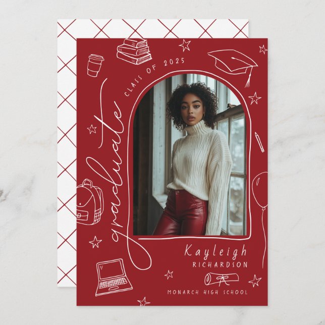 Red Hand Drawn Retro Graduation Announcement (Front/Back)