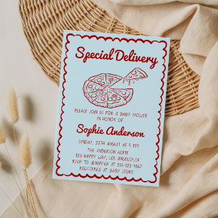 Red Hand Drawn Special Delivery Pizza Baby Shower Invitation