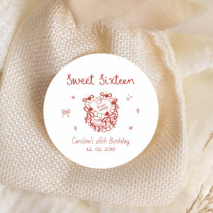 Red Hand Drawn Sweet Sixteen Birthday Party Classic Round Sticker
