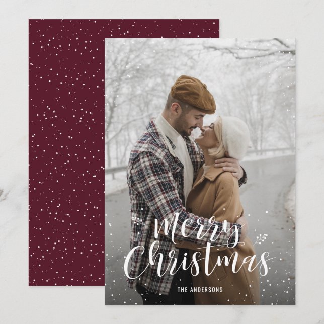 Red Hand Lettered Snow Photo Christmas Cards (Front/Back)