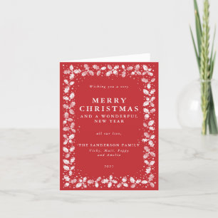 Red Hand Printed Holly + Berries Border Non Photo Holiday Card