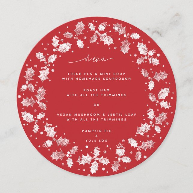 Red Hand Printed Holly Wreath Christmas Menu (Front)