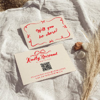 Red Hand Written Quirky Modern Bow QR Code Wedding