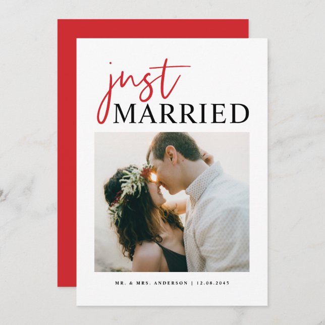 Red Handwritten Typography Just Married Photo Announcement (Front/Back)