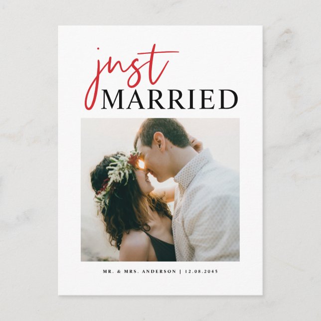 Red Handwritten Typography Just Married Photo Announcement Postcard (Front)