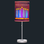 Red Hanukkah Boho Pattern Candles Peace Love Light Table Lamp<br><div class="desc">“Peace, love & light.” A playful, modern, artsy illustration of boho pattern candles in a menorah helps you usher in the holiday of Hanukkah. Assorted blue candles with colourful faux foil patterns overlay a rich, deep burnt red orange textured background. Feel the warmth and joy of the holiday season whenever...</div>