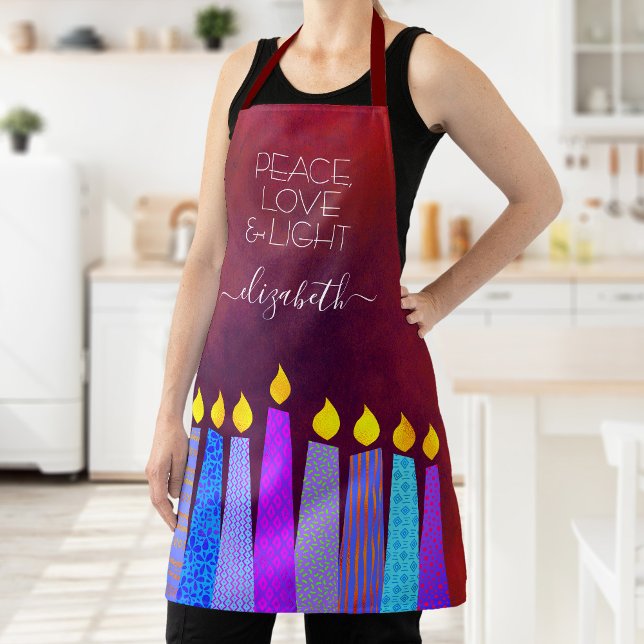 Red Hanukkah Menorah Candles Peace Love Light Bold Apron (Creator Uploaded)