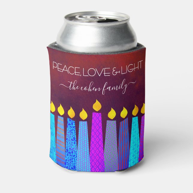 Red Hanukkah Menorah Candles Peace Love Light Name Can Cooler (Can Back)