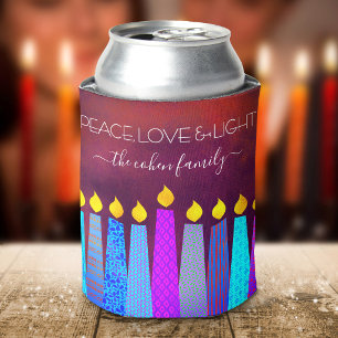 Red Hanukkah Menorah Candles Peace Love Light Name Can Cooler