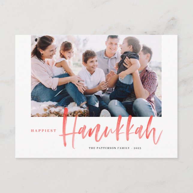 Red Happiest Hanukkah Brush Calligraphy Photo Holiday Postcard (Front)